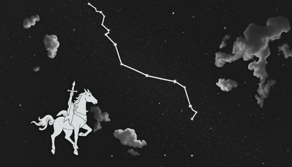 A breathtaking night sky, with the majestic constellation of Perseus shining brightly against the inky backdrop. The hero's figure, etched in celestial light, commands the heavens, his sword raised triumphantly. Wispy clouds drift lazily, casting delicate shadows that dance across the starscape. Shades of gray, punctuated by subtle pops of color, create a timeless, ethereal atmosphere. The composition is balanced, the angles precise, capturing the eternal splendor of this legendary hero's celestial abode. A serene, reverent scene that pays homage to Perseus' enduring legacy in culture and astronomy.