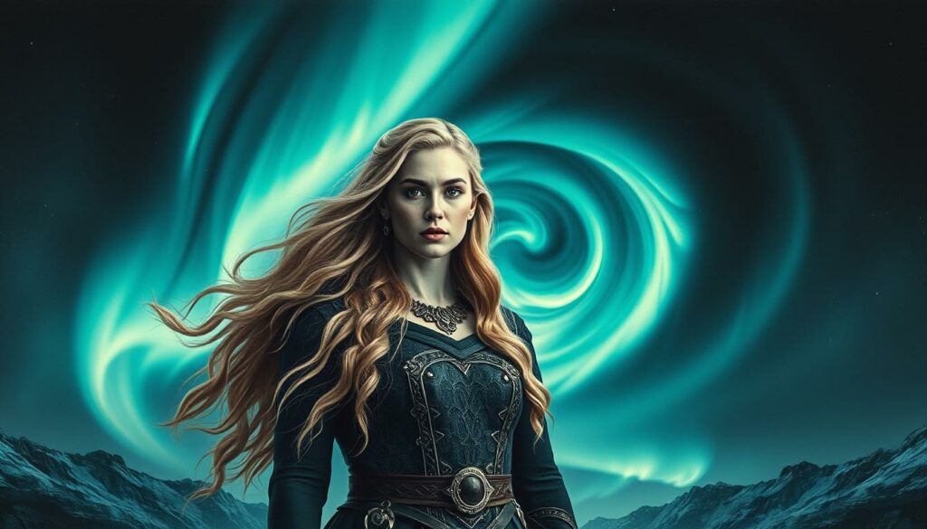 A breathtaking portrait of the Norse goddess Freya, the embodiment of love, beauty, and the northern lights. In the foreground, Freya stands resplendent, her flowing golden hair and striking features captured in a chiaroscuro lighting, creating an atmosphere of mystery and allure. Surrounding her, the swirling aurora borealis dances across the night sky, its vibrant colors punctuating the otherwise monochromatic scene. In the middle ground, the symbolic representation of the Friday, associated with Freya, adds a touch of celestial significance. The overall composition is a stunning blend of realism and symbolism, drawing the viewer into the rich mythology of the Norse pantheon.