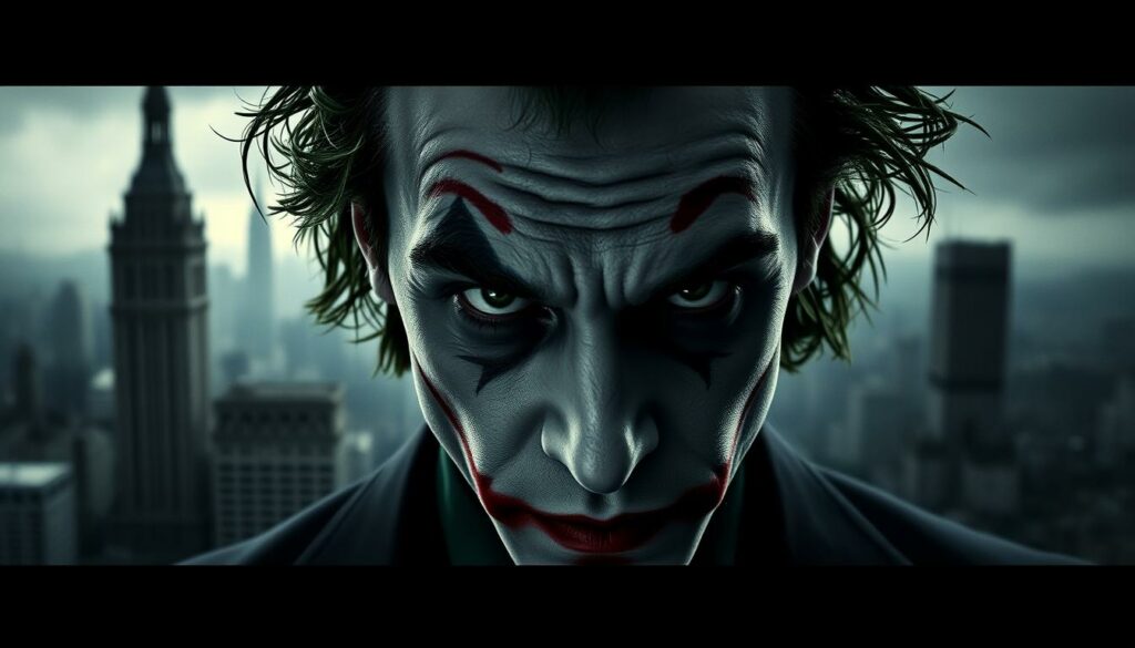 A brooding and moody portrait of Heath Ledger as the iconic "Dark Knight" version of the Joker. The foreground features a close-up of Ledger's intense, piercing gaze, his pale, angular face marked by scars and dramatic makeup. His unruly green hair frames his sinister expression, conveying a sense of manic unpredictability. The middle ground is shrouded in shadows, hinting at the character's dark and chaotic nature. In the background, a moody, atmospheric cityscape of Gotham City looms, its towering, gothic architecture casting ominous shadows. The lighting is dramatic, with deep chiaroscuro contrasts, creating an ominous and haunting mood that captures the essence of Ledger's unforgettable performance as the Joker.