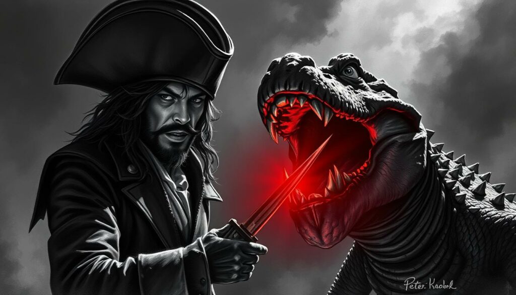 A brooding, atmospheric scene of Captain Hook, the iconic villain from Peter Pan, locked in a tense standoff with the fearsome, crocodile-like creature that haunts his nightmares. Rendered in a striking black and white palette with strategic pops of color, the image captures the ominous tension and high-stakes drama of their eternal confrontation. Dramatic lighting casts sharp shadows, emphasizing the rugged, weathered features of Hook's face as he glares, cutlass in hand, while the crocodile's piercing eyes and gaping jaws loom in the foreground, ready to strike. The background hints at the treacherous, primordial landscape of Neverland, setting the stage for this timeless clash between man and beast.
