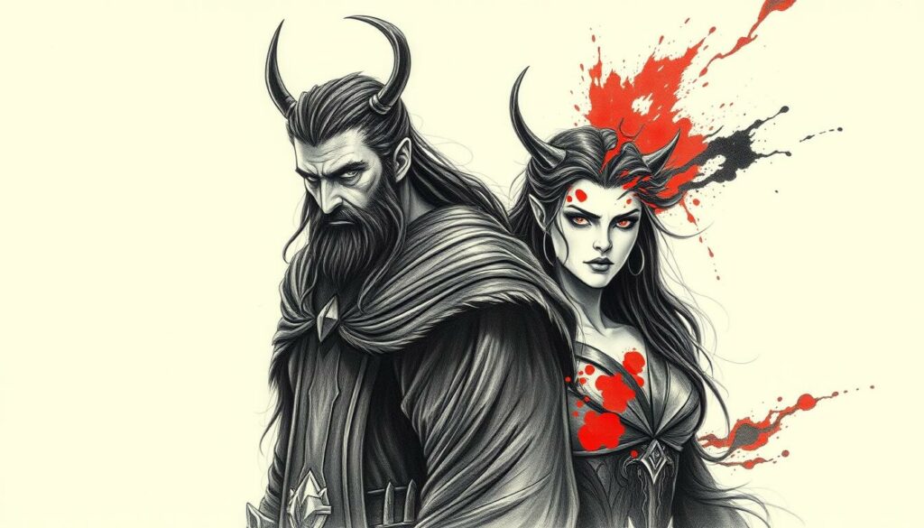 A brooding, monochromatic illustration of the mythical figures Loki and Angrboda, the giantess mother of the fearsome wolf Fenrir. Loki, the trickster god, stands beside Angrboda, his imposing, dark-haired paramour, their expressions intense and foreboding. Shades of graphite, punctuated by bold splashes of color - perhaps the glowing eyes of Fenrir, or the fiery essence of their supernatural union. Dramatic chiaroscuro lighting casts dramatic shadows, evoking the ominous nature of this pivotal Norse myth. Rendered in a striking, high-contrast pencil sketch style, the image captures the brooding essence of "Die Herkunft und Familie von Fenrir".