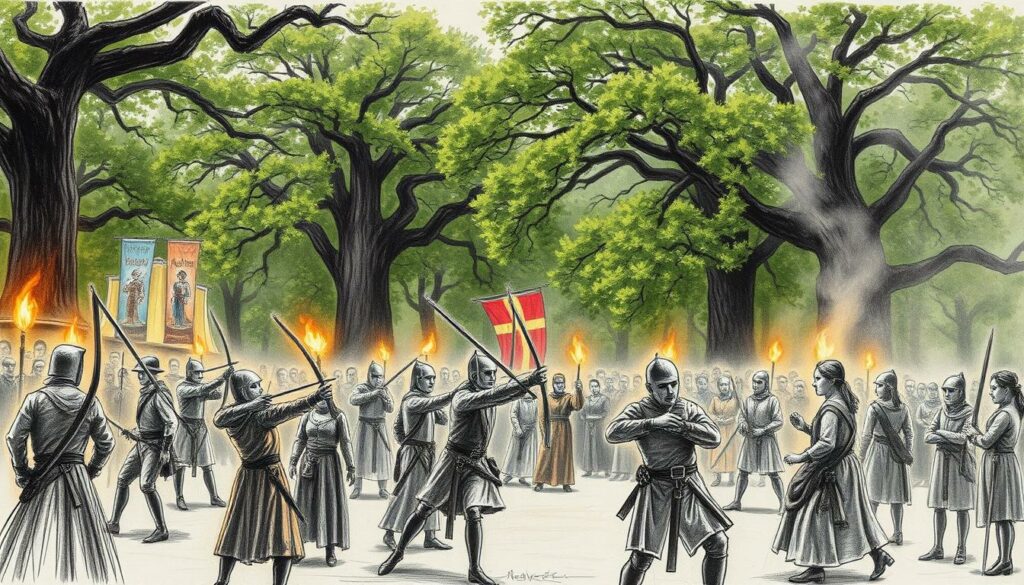 A bustling 16th century Robin Hood festival in the heart of Sherwood Forest. In the foreground, performers in period costumes act out lively scenes of archery and sword fighting, their movements frozen in a charcoal sketch-like style. In the middle ground, a crowd of spectators in muted greys and browns watches intently, their faces illuminated by the warm, golden glow of torchlight. The background depicts the towering green canopy of ancient oak trees, with splashes of vibrant color from banners and flags fluttering in the breeze. The overall atmosphere is one of energy, history, and a sense of timeless legend.