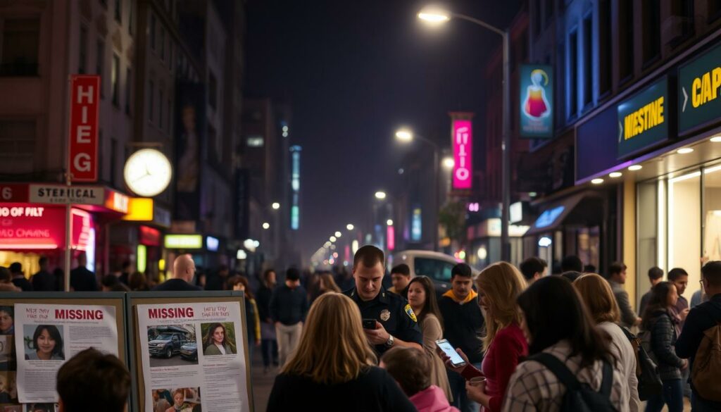 A bustling city street at night, dimly lit by streetlamps and neon signs. In the foreground, a group of concerned citizens huddle around a bulletin board, scanning missing person flyers and discussing the case. In the middle ground, a lone police officer stands, speaking with a witness, their faces illuminated by the glow of a smartphone screen. The background is shrouded in a sense of uncertainty, with shadowy figures moving through the darkness, their movements hinting at the urgency of the search. The overall atmosphere conveys the tension and collective effort of the public working alongside the authorities to find the missing girls.