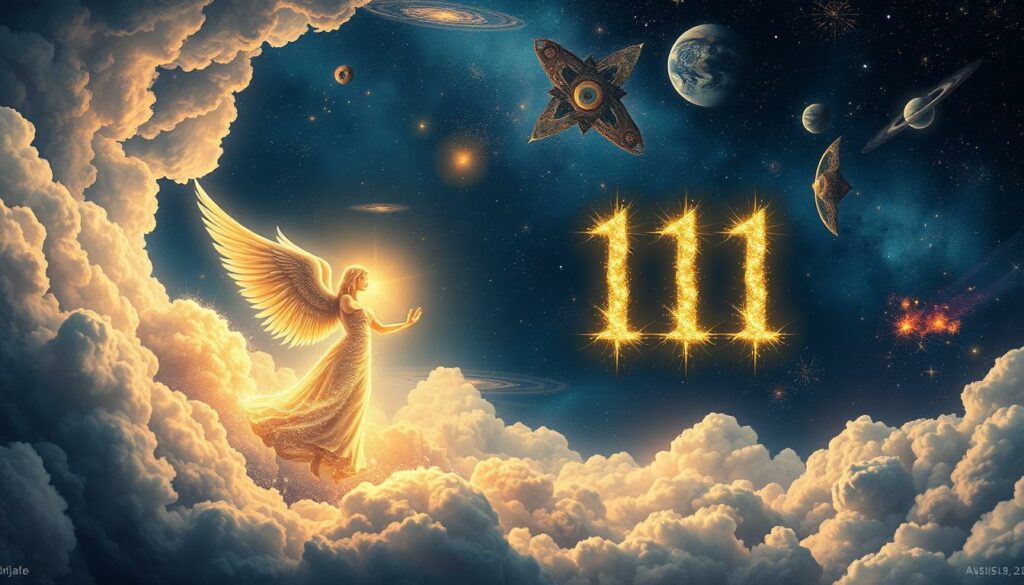 A celestial astrological scene depicting the symbolic "Angel Number 111" in the night sky. In the foreground, a glowing, ethereal angelic figure emerges from swirling cosmic clouds, its ethereal wings outstretched. In the middle ground, the night sky is alive with shimmering stars, nebulae, and planetary bodies. The number "111" appears to float amidst this celestial tapestry, its digits composed of shimmering light. The overall mood is one of mysticism, spirituality, and divine guidance, with a sense of the sublime and the transcendent. The lighting is soft and atmospheric, creating a dreamlike, otherworldly ambiance. The composition uses a wide-angle lens to capture the expansive, awe-inspiring scale of the scene.
