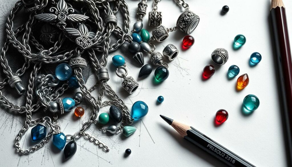A collection of various materials for Pandora-style bracelets, including delicate silver chains, elegant gold-tone beads, and a selection of colorful gemstones in shades of blue, green, and red. The scene is captured in a moody, high-contrast black-and-white sketch with subtle pops of color, creating a sense of timeless craftsmanship and personal expression. The composition emphasizes the intricate details and textures of the materials, inviting the viewer to imagine the creation of a unique, one-of-a-kind piece of jewelry.