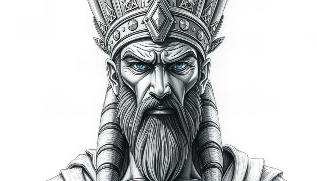 A commanding figure stands tall, his weathered countenance etched with a regal bearing. Gilgamesh, the legendary king of Uruk, is depicted in a striking black and white portrait, his features brought to life with precise, expressive lines. Shades of gray delineate the sharp angles of his face, the intensity of his gaze, and the intricate details of his ornate headdress. Pops of color, like the piercing blue of his eyes or the subtle sheen of his garments, lend an air of mysticism to the scene, hinting at the extraordinary nature of this ancient hero. The composition is balanced, with Gilgamesh commanding the center, surrounded by a minimalist background that allows his powerful presence to shine through.