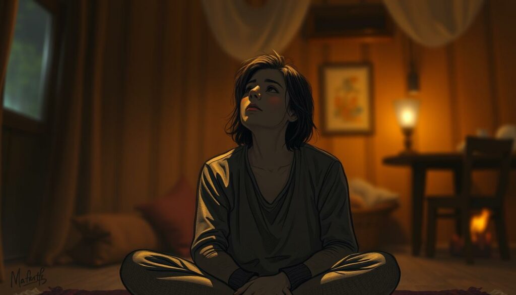A contemplative, introspective figure sitting in a dimly lit, cozy interior. Soft, warm lighting illuminates their face, highlighting a pensive expression as they gaze inwardly. The background is blurred, creating a sense of focus and isolation, allowing the viewer to connect with the individual's inner world. Muted, earthy tones dominate the palette, conveying a sense of grounded, spiritual exploration. The pose is relaxed yet deliberate, suggesting a deep, meaningful connection to the "inner voice" being explored.