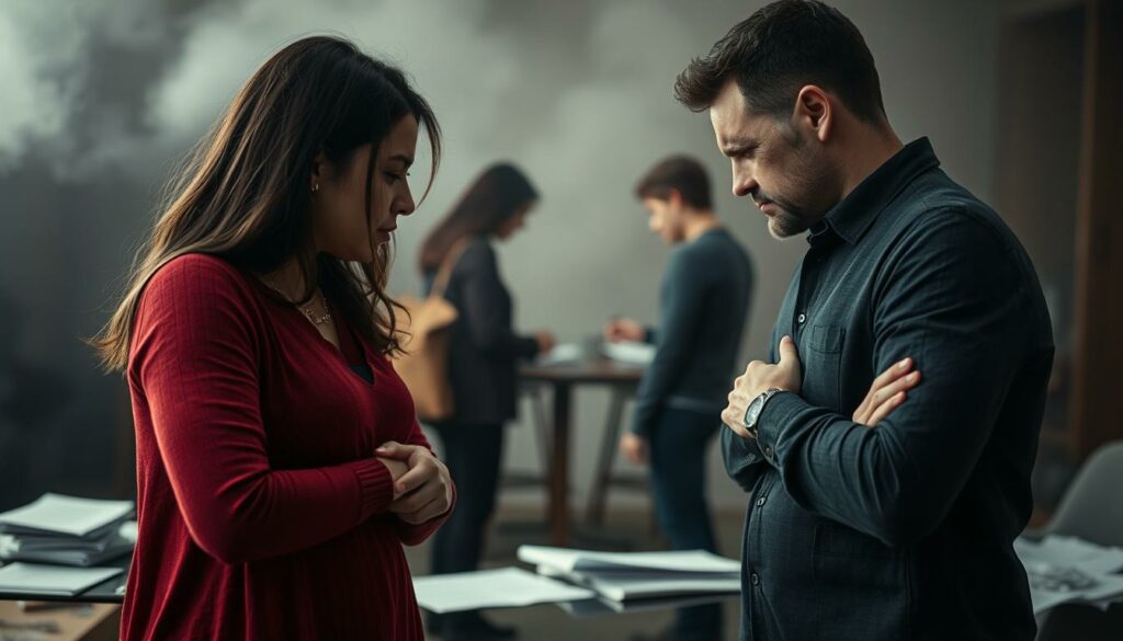 A contentious custody battle rages between two distraught parents, their anguished faces etched with worry and despair. In the foreground, the mother and father stand locked in a tense standoff, their bodies language conveying the emotional turmoil. The middle ground is shrouded in a haze of uncertainty, with legal documents and papers strewn about, symbolizing the complex legal proceedings. In the background, a blurred, somber setting evokes the gravity of the situation, the weight of the decision that looms. Soft, muted lighting casts a somber tone, while a shallow depth of field focuses the viewer's attention on the central conflict. An air of unease and unresolved tension permeates the scene, reflecting the anguish and vulnerability of the children caught in the custody dispute.