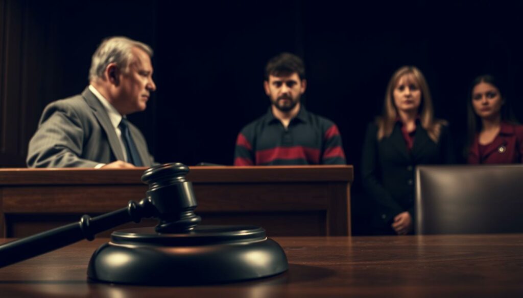 A courtroom scene set in a dimly lit, somber atmosphere. In the foreground, a judge's gavel rests on a wooden desk, symbolizing the weight of legal consequences. Behind the desk, a stern-faced judge sits in profile, their expression conveying a sense of gravity. In the middle ground, two defendants, a man and a woman, stand before the judge, their faces etched with concern. The background is shrouded in shadows, creating a sense of unease and the gravity of the legal proceedings. The lighting is low-key, casting dramatic shadows and highlighting the tension in the room. The overall mood is one of solemn determination, as the legal system exacts its toll on those accused of wrongdoing.
