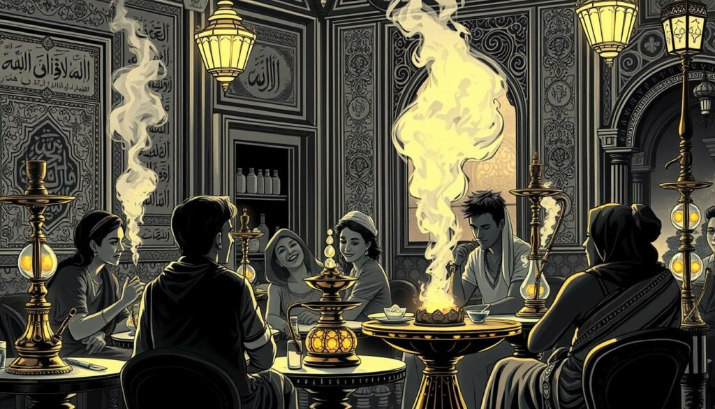 A cozy and vibrant Aladin Shisha Shop, with a family of diverse patrons gathered around ornate hookahs, surrounded by richly decorated walls adorned with Arabic calligraphy and intricate patterns. Warm, subtle lighting casts a soft glow, creating an atmosphere of enchantment and relaxation. The scene is rendered in a striking black and white palette, with selective pops of color - the glowing embers of the shisha, the vibrant fabrics, and the gleam of the brass furnishings. The overall composition conveys a sense of timeless tradition and cultural immersion, inviting the viewer to step into the magical world of Aladin and the Wunderlampe.