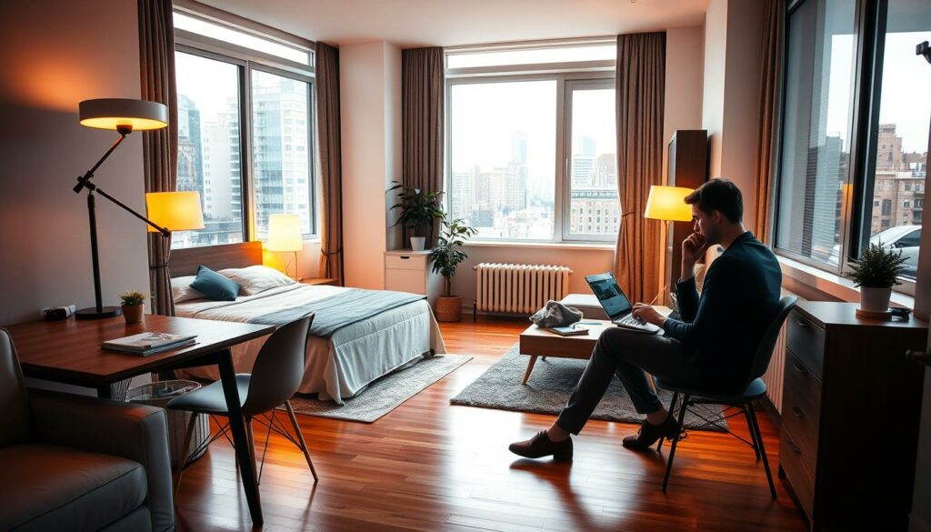 A cozy studio apartment in a bustling city, with a modern, minimalist interior. Warm lighting from standing lamps and large windows illuminate the space, casting a soft glow on the hardwood floors and neutral-toned furniture. In the foreground, a young professional is seated at a small desk, thoughtfully considering apartment listings on a laptop. The middle ground features a neatly made double bed, a compact kitchenette, and a potted plant adding a touch of greenery. In the background, the cityscape is visible through the windows, hinting at the vibrant neighborhood waiting to be explored. The overall atmosphere is one of calm contemplation and the anticipation of finding the perfect new home.
