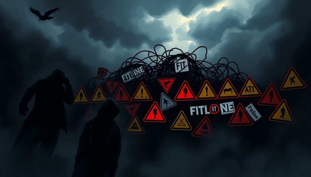 A dark and foreboding image depicting the "Kontroversen und Warnungen" surrounding the FitLine company. In the foreground, ominous shadows loom, hinting at the unsavory aspects of the brand. The middle ground features a tangled web of warning signs, caution symbols, and distorted FitLine logos, conveying a sense of deception and danger. The background is shrouded in an ominous, oppressive atmosphere, with a clouded, stormy sky and a sense of unease permeating the scene. Dramatic lighting casts dramatic shadows, creating a moody, chiaroscuro effect that heightens the sense of tension and unease. The overall composition and mood should evoke a feeling of unease, skepticism, and a need for consumer vigilance.