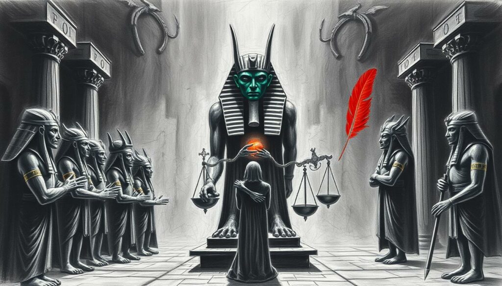 A dark, solemn scene of the Totengericht, the Egyptian judgment of the dead, taking place in the realm of Osiris, the god of the underworld. In the foreground, the deceased stands before a tribunal of deities, their faces etched in stern judgement. The middle ground depicts the weighing of the heart, the final test to determine the soul's worthiness. Looming in the background, the imposing figure of Osiris presides over the proceedings, his green skin and regal regalia a testament to his power as the ruler of the afterlife. The scene is rendered in a monochromatic palette of graphite blacks and grays, punctuated by muted pops of color - the golden scales, the red feather of truth, the azure blue of the heavens beyond.