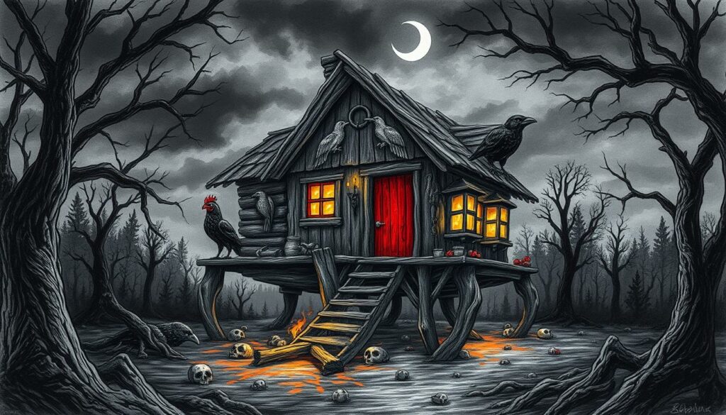A decrepit wooden hut perched atop giant chicken legs, standing in a shadowy forest clearing. The façade is weathered and twisted, adorned with intricate carvings of birds and woodland creatures. Flickering candlelight flickers in the windows, casting an eerie glow. The ground around the hut is littered with bones and scattered herbs. The sky above is a moody mix of charcoal grays and deep blues, with a crescent moon peeking through the twisted branches. The scene is rendered in a high-contrast, pencil-sketch style, with only the occasional splash of color - a vibrant red door, a glowing magical aura, or the piercing eyes of a raven watching from the shadows.