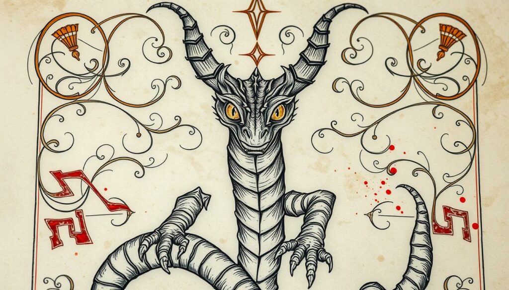 A detailed ancient manuscript page, illuminated with a majestic basilisk in the center. The fearsome creature has piercing reptilian eyes, a crown of horns, and scaly skin in muted shades of gray. Surrounding the basilisk are intricate calligraphic swirls and flourishes, rendered in precise, delicate strokes. Subtle splashes of color, such as vibrant crimson or burnished gold, accentuate key elements, imbuing the illustration with a sense of mysticism and power. The overall composition evokes a timeless, historical aesthetic, capturing the essence of the basilisk in antique, scholarly texts.