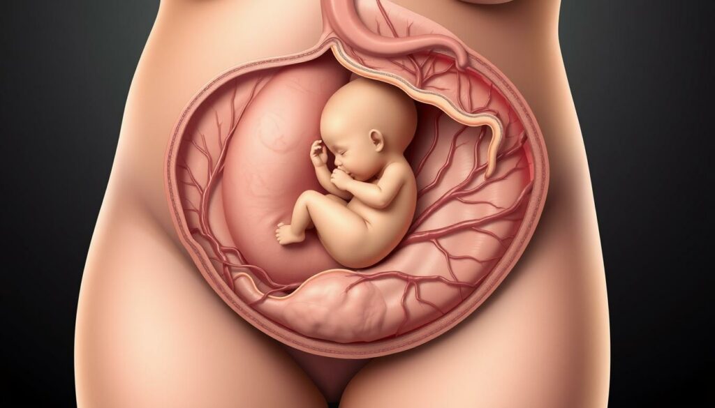 A detailed, cross-sectional medical illustration depicting the anatomical features and processes of a healthy human pregnancy. The image shows the fetus in utero, surrounded by the placenta, umbilical cord, and intricate vascular structures. Rendered with precise anatomical accuracy and lifelike detail, using a muted, neutral color palette to emphasize the clinical nature of the subject. Lit by soft, even lighting to accentuate the three-dimensional forms and internal structures. Captured from a slightly elevated, orthographic angle to provide a comprehensive, informative view for medical professionals and educational purposes.