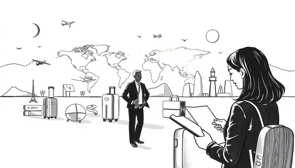 A detailed illustration of a customized travel planning service, showcasing a sleek, monochrome design with selective pops of color. In the foreground, a stylized travel agent consults with a client, their faces obscured in shadow, conveying a sense of personalized attention. The middle ground features an array of travel-related elements, such as airline tickets, luggage, and a world map, all rendered in a precise, technical style. The background depicts a minimalist, geometric landscape, hinting at the broader scope of the travel planning experience. The lighting is soft and directional, casting subtle shadows that add depth and dimension to the scene. The overall mood is one of professionalism, attention to detail, and a tailored approach to travel planning.