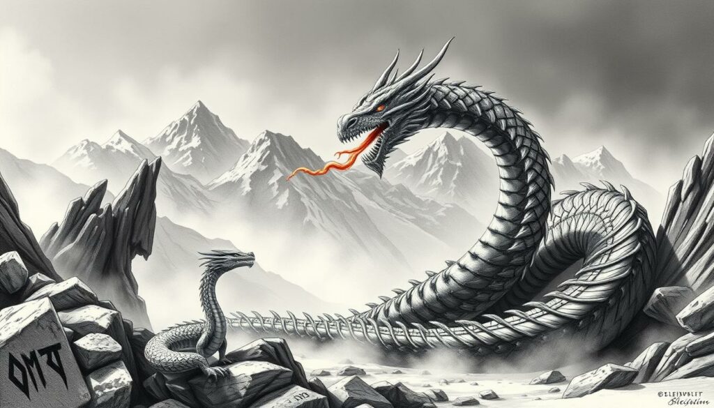 A detailed illustration of the Nordic dragon motif, inspired by ancient Norse sagas. In the foreground, the coiled, serpentine form of Fafnir, the cursed dragon from the tale of Sigurd, emerges from a rocky landscape. Fafnir's scales glisten with metallic hues, punctuated by splashes of color - a vibrant eye, a fiery breath. The middle ground features a misty, atmospheric background, with Nordic runes and symbols etched into the rocky outcroppings. In the distance, a towering mountain range frames the scene, its peaks capped with snow. The overall tone is one of ancient, monochromatic grandeur, with the dragon's presence casting a powerful, otherworldly shadow over the entire composition.