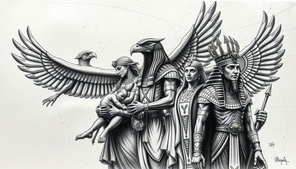 A detailed illustration of the various forms of Horus, the revered falcon god and protector of the Pharaohs. Rendered in dramatic black and white with carefully placed color accents, the image depicts Horus in his different mythological manifestations - the sky god with outstretched wings, the divine child cradled in the embrace of Isis, the fierce warrior in battle regalia, and the pharaoh wearing the double crown. The composition features a strong sense of depth, with the figures set against a subtly textured background that evokes the rich symbolism and mysticism of ancient Egyptian cosmology. The overall mood is one of reverence, power, and the timeless majesty of this enduring deity.
