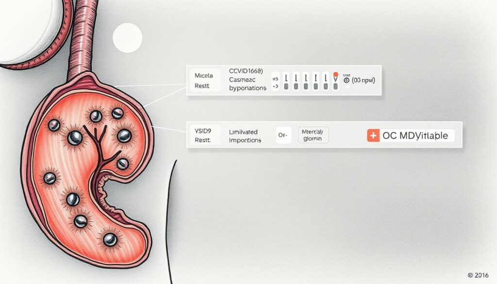 A detailed medical illustration depicting the diagnosis of Common Variable Immunodeficiency Disorder (CVID). In the foreground, a cross-section of the human lymphatic system shows diminished lymphocyte populations and impaired antibody production. In the middle ground, a series of diagnostic test results highlight the characteristic markers of CVID, such as low immunoglobulin levels. The background features a subtle, textured backdrop evoking the clinical environment, with muted tones and soft lighting to convey a sense of gravity and medical precision. The overall composition aims to clearly communicate the key aspects of this rare immune disorder in a visually striking yet informative manner.