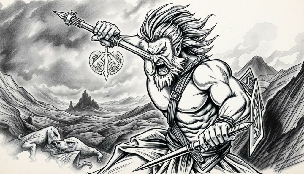 A detailed modern depiction of the legendary Irish hero Cúchulainn, rendered in a striking black and white sketch style with selective pops of color. The foreground showcases the fierce warrior in dynamic action, his muscular form and heroic features captured with bold, expressive lines. The middle ground features symbolic Celtic imagery and patterns, hinting at the mythological context. The background is a moody, atmospheric landscape conveying the ancient, mystical nature of the subject matter. The lighting is dramatic, casting dramatic shadows and highlights to accentuate the powerful, larger-than-life presence of Cúchulainn. An impactful, artistically stylized interpretation of this iconic Irish cultural figure.
