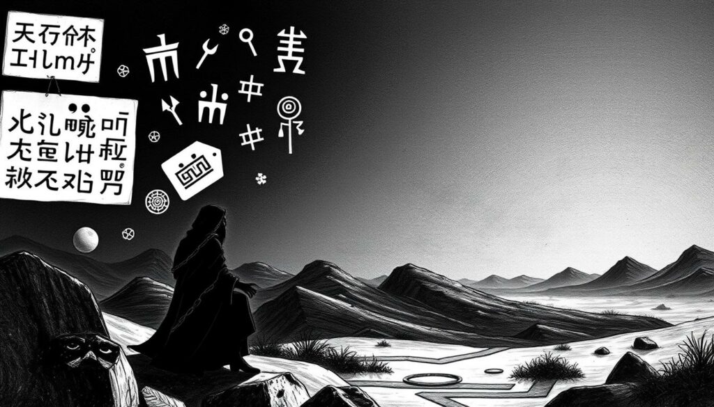 A detailed monochrome illustration of the linguistic and literary peculiarities of the ancient Gilgamesh epic. Rendered in a minimalist black and white style with selective color accents, the scene depicts symbolic elements from the epic's archaic Mesopotamian vocabulary and poetic devices. In the foreground, stylized cuneiform script and ancient symbols float above a shadowy figure, representing the rich linguistic tapestry of the work. The middle ground features geometric patterns and abstracted visual motifs alluding to the epic's literary structure and storytelling techniques. In the background, a dimly lit landscape evokes the epic's mythical and historical setting. Dramatic lighting and a moody, contemplative atmosphere convey the gravity and timelessness of this foundational work of world literature.