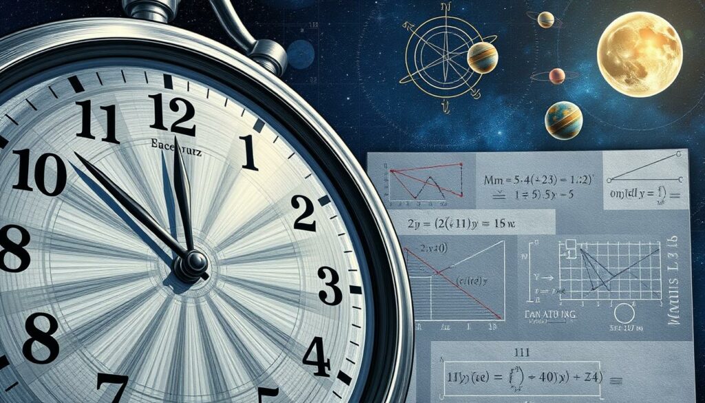 A detailed scientific diagram depicting the "11:11" phenomenon. In the foreground, a large analog clock face with hands precisely at 11:11. The clock face is rendered in crisp, technical detail, with a steely gray metallic finish and precise markings. The middle ground features a series of mathematical equations, graphs, and diagrams illustrating the numerical, temporal, and celestial patterns underlying the 11:11 occurrence. In the background, a starry night sky with planetary alignments and celestial bodies alluding to the cosmic influences. The overall mood is one of precise, analytical investigation - a sober, measured exploration of the scientific underpinnings of this enigmatic phenomenon.