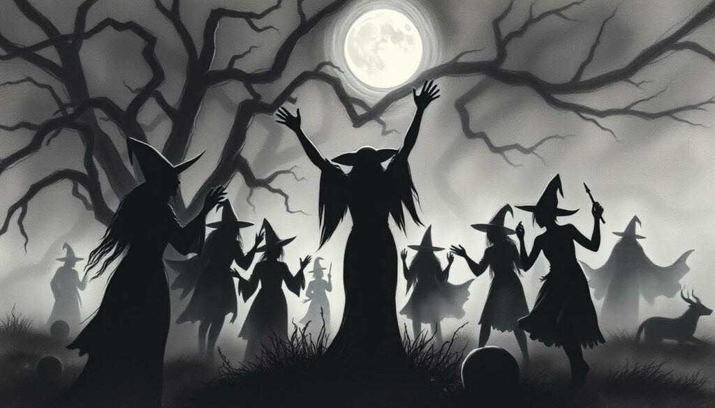 A dimly lit, nocturnal Walpurgisnacht scene, where a coven of witches gather to perform their dark Hexentanz ritual. Silhouetted figures sway and levitate amidst a swirling, moody mist, their forms accentuated by shafts of ominous moonlight. In the foreground, a central witch with an imposing, angular silhouette raises her arms, channeling the mystical energies of the night. The background is a hazy, ethereal landscape of twisted, gnarled trees and distant, looming shadows. The overall atmosphere is one of occult power, mystical invocation, and the seductive allure of forbidden knowledge.