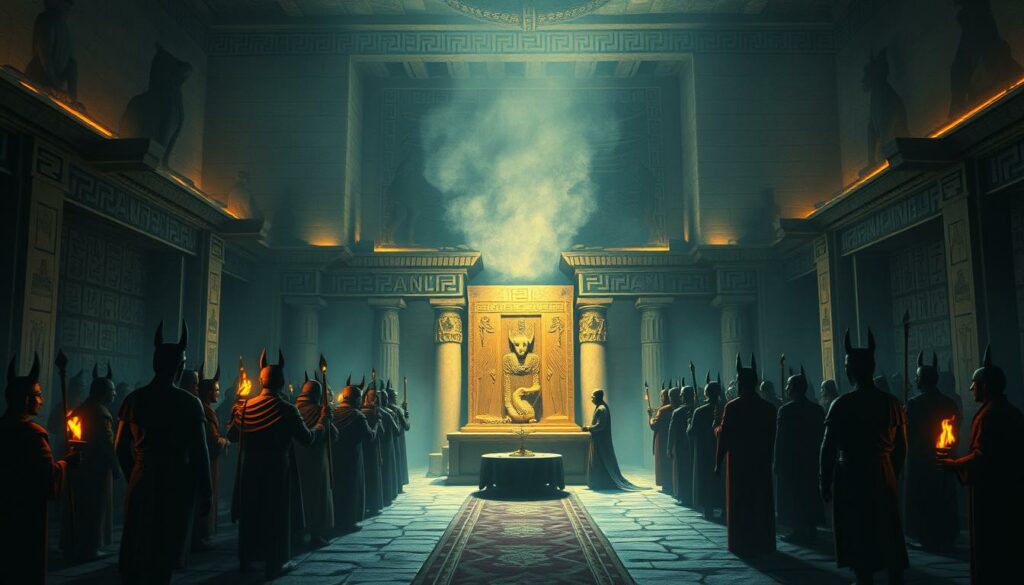 A dimly lit ritual chamber, the walls adorned with hieroglyphic inscriptions and ominous shadows. In the center, a procession of robed figures gathers around a central altar, honoring the jackal-headed deity Anubis, the guardian of the dead. Flickering torchlight casts an eerie glow, highlighting the intricate details of the ritual objects and the solemn expressions of the participants. The atmosphere is one of reverence and ancient mysticism, with subtle bursts of color accentuating the scene - a ceremonial sash, the gleam of a ceremonial staff, the sheen of a metallic ornament. This is the Priesterrituale des Anubis, a glimpse into the sacred rituals dedicated to the Egyptian god of the afterlife.