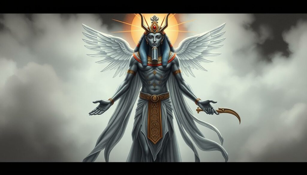 A divine figure stands in the center, radiating a powerful presence. His body is adorned with intricate patterns and symbols, hinting at his celestial nature. Flowing robes drape gracefully, their folds and creases captured in delicate shades of grey. Vibrant accents of color - perhaps a crown, scepter, or other regalia - command attention, signifying his status as a deity of the ancient Egyptian pantheon. The background is shrouded in a hazy, dreamlike atmosphere, evoking a sense of the otherworldly. Soft, directional lighting casts dramatic shadows, adding depth and dimension to the scene. This is Fruchtbarkeitsgott, the god of fertility and regeneration, a pivotal figure in the realm of Osiris, the lord of the afterlife and rebirth.