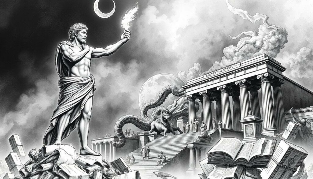A dramatic black and white illustration depicting the cultural and literary reception of the Prometheus myth. In the foreground, a dynamic figure of Prometheus stands tall, his body sculpted in bold strokes, holding aloft the flickering flame of knowledge. In the middle ground, a cascade of classical architectural elements and symbolic motifs unfold - crumbling columns, mythological creatures, and scrolls of ancient texts. The background is shrouded in a moody, atmospheric haze, punctuated by subtle washes of color that evoke the rich tapestry of art and literature inspired by this legendary figure. The overall composition conveys a sense of timeless power and the enduring legacy of the Prometheus myth.