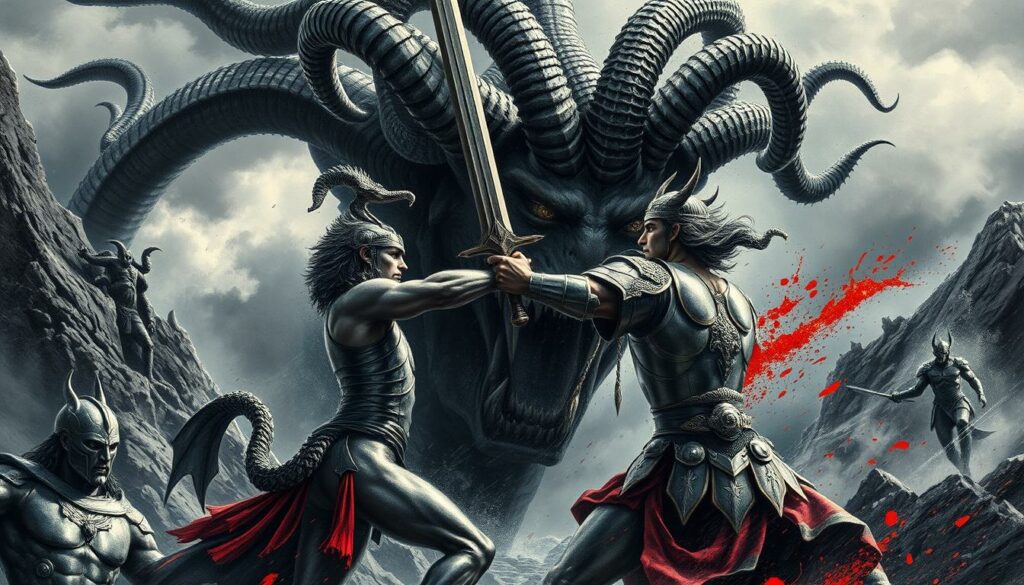 A dramatic clash between the hero Perseus and the fearsome Medusa, her writhing serpent hair casting eerie shadows across the rugged, storm-swept landscape. Perseus, clad in gleaming armor, poises his sword to strike, his steely gaze unflinching as he confronts the monstrous Gorgon. Shades of charcoal and pewter dominate the scene, with splashes of vivid crimson and bronze accenting the intensity of the battle. Dramatic lighting casts sharp contrasts, emphasizing the tension and peril of the moment. The overall atmosphere is one of ancient, mythic grandeur, capturing the epic struggle between mortal and immortal in a bold, cinematic composition.