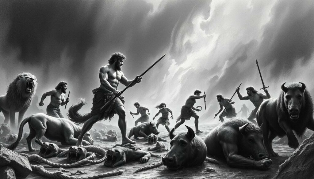 A dramatic, heroic scene of Herakles, the half-god, completing his Twelve Labors. In the foreground, Herakles stands tall, his muscular form captured in a powerful pose as he battles a fierce nemesis. Surrounding him, the remnants of his previous challenges linger - a Nemean Lion's pelt, the Hydra's severed heads, the Erymanthian Boar. In the middle ground, the remaining Labors unfold, each a unique vignette of Herakles' legendary feats. The background is a moody, atmospheric landscape, with bold strokes of chiaroscuro lighting casting dramatic shadows. This is a monumental depiction, captured in a somber, monochromatic palette with flashes of color to accentuate the heroic drama.