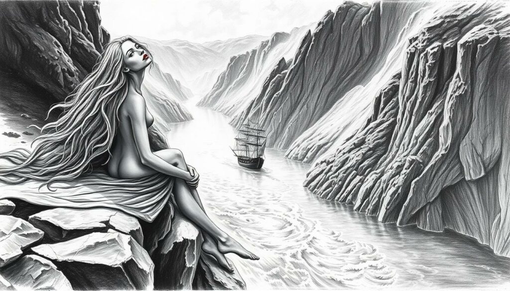 A dramatic oil painting of the Loreley, the mythical siren who lures sailors to their doom along the treacherous cliffs of the Rhine River. In the foreground, the Loreley reclines on a rocky outcrop, her long hair flowing in the wind, her gaze both alluring and melancholic. The middle ground depicts the river below, its waters swirling and churning, with a lone sailing vessel caught in the treacherous currents. The background shows the steep, jagged cliffs of the Rhine Gorge, cast in dramatic shadows and highlights, creating a moody, atmospheric scene. The image is rendered in a striking black and white palette, with precise pencil strokes and selective pops of color, such as the Loreley's vibrant red lips, to emphasize the painting's artistic and illustrative qualities.