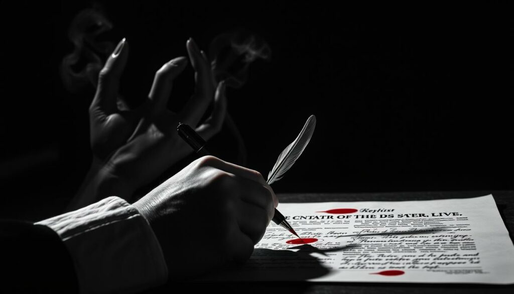 A dramatic scene of Faust's fateful pact with the devil, Mephisto. In the foreground, Faust's hand gripping a quill, signing the contract in blood against a dimly lit, shadowy background. Mephisto's presence looms large, manifesting as wisps of dark energy or smoke surrounding Faust. The lighting is moody, with dramatic chiaroscuro effects casting deep shadows, emphasizing the gravity of the moment. The composition is balanced, with Faust's hand and the contract taking center stage. The image conveys a sense of foreboding and the weight of Faust's decision, rendered in a stark, monochromatic palette with subtle hints of color to draw the eye.