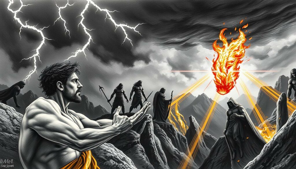 A dramatic scene of Prometheus stealing fire from the gods of Mount Olympus. In the foreground, Prometheus, with determination etched on his face, reaches towards the brilliant, flickering flame. Bolts of lightning crackle in the turbulent, charcoal-grey sky above. In the middle ground, the shadowy, imposing figures of the Greek deities loom, their features obscured in the dramatic chiaroscuro. In the background, a rugged, monochromatic landscape of jagged rock formations and deep chasms. Shafts of warm, golden light pierce the gloom, creating a sense of high drama and a momentous act of defiance against the heavens. The scene is rendered in a stark, graphic style, with bold contrasts of light and shadow, and occasional bursts of vibrant color to accentuate the pivotal moment.