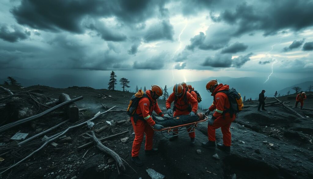 A dramatic scene of a Bergwacht (mountain rescue service) team in action amid a rugged, storm-ravaged landscape. In the foreground, a group of rescuers in bright orange uniforms and helmets work diligently to attend to an injured person on a stretcher, their expressions focused and determined. The middle ground reveals the aftermath of a severe weather event, with fallen trees, debris, and deep gouges in the earth. In the distant background, a menacing sky filled with ominous clouds and flashes of lightning sets an ominous tone. The chiaroscuro lighting casts dramatic shadows, heightening the sense of urgency and the heroic nature of the rescue operation. A high-angle perspective emphasizes the scale of the disaster and the valiant efforts of the Bergwacht team.