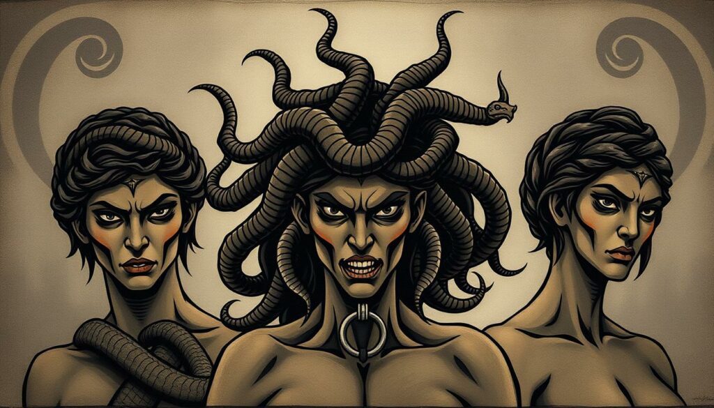 A dramatic scene of three serpent-haired Gorgon sisters in the style of ancient Greek vase painting. In the foreground, the fearsome Medusa gazes fiercely, her serpents coiled and ready to strike. Her sisters Stheno and Euryale flank her, their expressions equally intense. The figures are rendered in a bold, geometric style with black outlines and hints of muted colors accentuating key details - the glint of their bronze scales, the flash of fangs, the piercing eyes. A sense of timeless, mythic power emanates from the composition, the Gorgons poised within an ethereal, dusky background.