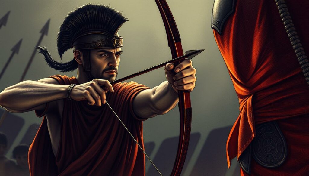 A dramatic scene unfolds, illuminated by a somber chiaroscuro. The legendary Trojan archer Paris, his face etched with determined focus, nocks a lethal arrow upon his bow. The shaft glints in the shadows, poised to strike the vulnerable heel of the mighty Achilles, the invincible hero whose only weakness will lead to his downfall. The background fades into a muted, monochromatic realm, drawing all attention to the impending, fateful shot - a pivotal moment in the epic tale of the Trojan War, rendered in a striking, high-contrast illustration with touches of muted color highlighting the dramatic tension.