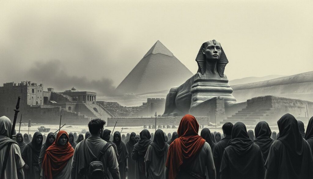 A foreboding scene unfolds in ancient Thebes, the once-vibrant city now gripped by the Plague. In the foreground, a group of anguished citizens gather, their faces etched with despair as they witness the ravages of the disease. The middle ground reveals a haunting landscape, with dilapidated buildings and a somber, overcast sky casting a somber pall over the scene. In the background, the imposing silhouette of the Sphinx looms, a silent witness to the unfolding tragedy. The image is rendered in a stark, monochromatic palette, save for the occasional bursts of color - the deep red of a cloak, the sickly green of a sore, the muted tones of a faded tapestry. The overall atmosphere is one of foreboding and unease, capturing the sense of a city in the throes of a devastating crisis. A foreboding scene unfolds in ancient Thebes, the once-vibrant city now gripped by the Plague. In the foreground, a group of anguished citizens gather, their faces etched with despair as they witness the ravages of the disease. The middle ground reveals a haunting landscape, with dilapidated buildings and a somber, overcast sky casting a somber pall over the scene. In the background, the imposing silhouette of the Sphinx looms, a silent witness to the unfolding tragedy. The image is rendered in a stark, monochromatic palette, save for the occasional bursts of color - the deep red of a cloak, the sickly green of a sore, the muted tones of a faded tapestry. The overall atmosphere is one of foreboding and unease, capturing the sense of a city in the throes of a devastating crisis.