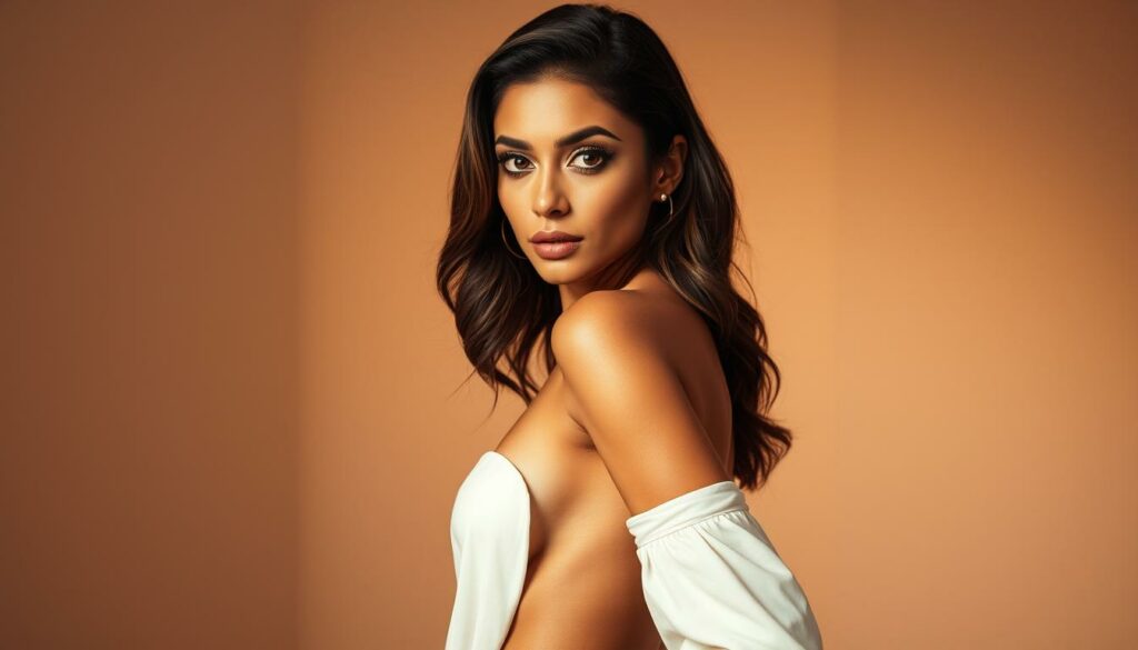 A glamorous portrait of Amira Aly, a former television host who has transitioned into a successful modeling career. Amira stands confidently, her gaze directed towards the camera with a subtle, alluring expression. Soft, warm lighting illuminates her delicate features and toned physique, accentuating her natural beauty. The background is a minimalist studio setting, allowing the focus to remain on Amira's striking presence. The overall atmosphere is one of sophistication and sensuality, capturing Amira's transition from a media personality to a captivating model.