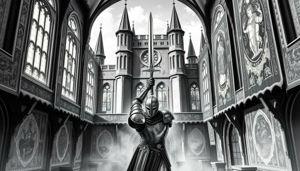 A grand medieval castle, its spires and ramparts reaching skyward, stands as a testament to the enduring legacy of King Arthur and the Knights of the Round Table. In the foreground, a lone figure, clad in armor of gleaming steel, raises a sword aloft, its blade catching the soft light that filters through stained glass windows. Intricate tapestries and banners adorn the walls, their vibrant hues providing splashes of color against the monochrome palette. The atmosphere is one of reverence and contemplation, inviting the viewer to ponder the cultural significance of this legendary tale, its themes of honor, chivalry, and the pursuit of the ideal. Rendered in a striking black and white medium, with selective pops of color, this image captures the timeless essence of the Arthurian legend.