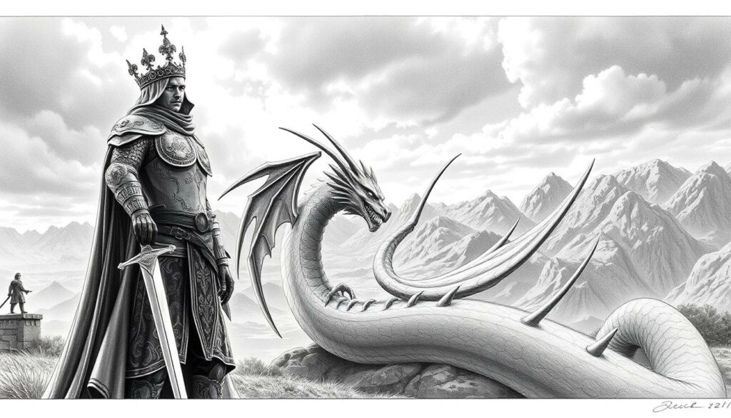 A grand, monumental scene depicting the legendary figures of the Nibelungenlied saga, rendered in striking black and white with subtle bursts of color. In the foreground, the heroic Siegfried stands tall, his muscular frame clad in ornate armor, Balmung sword gleaming at his side. Intricately detailed motifs and patterns adorn his attire, hinting at the rich cultural heritage. In the middle ground, the iconic dragon Fafnir coils menacingly, scales shimmering with an ethereal glow. The background showcases a sweeping, dramatic landscape, with towering mountains and a brooding, clouded sky, capturing the epic grandeur of the Nibelung saga. Precise, angular shading and delicate pencil strokes convey a sense of timeless artistry, while strategically placed pops of color - perhaps in the form of a regal crown, a shield's emblem, or the glint of a jewel - add depth and visual interest to the composition.