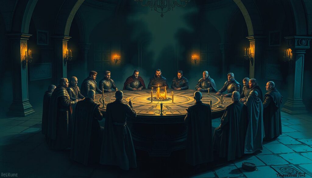 A grand round table, crafted with intricate woodwork, stands as the centerpiece of a dimly lit chamber. King Arthur and his noble knights, cloaked in shades of gray and black, gather around it, their faces illuminated by the soft glow of candles. The room is shrouded in a somber, contemplative atmosphere, with shadowy archways and a sense of ancient grandeur. Muted shades of blue and green accent the scene, hinting at the legendary tales that have unfolded within these walls. The Tafelrunde, the legendary Round Table, where the destiny of the kingdom is forged in the whispers of the bravest souls.