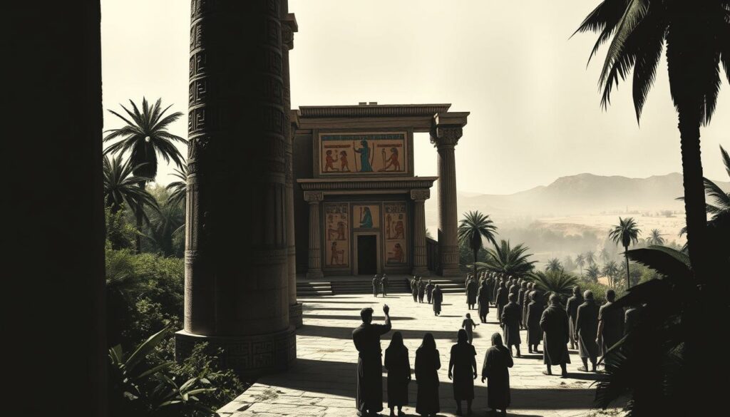 A grand temple complex dedicated to the revered goddess Isis, nestled amidst the lush verdant foliage of ancient Egypt. In the foreground, intricate hieroglyphic carvings adorn the imposing stone columns, casting dramatic shadows across the ground. The middle ground reveals a central shrine, its walls adorned with vibrant colored etchings depicting the divine queen's mythical powers. Worshippers gather reverently, their robes and gestures rendered in stark monochrome with subtle splashes of vibrant hues. The background fades into a hazy, dreamlike landscape, hinting at the timeless allure and mystique of the Isis cult. The scene is captured in a dramatic chiaroscuro style, emphasizing the interplay of light and shadow, lending an air of solemnity and reverence to this sacred space.