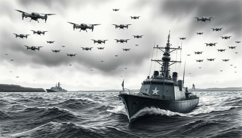 A grim, foreboding seascape under a stormy sky. In the foreground, a menacing Russian warship, its hull cutting through the choppy waves, cannons at the ready. Swarms of drones, their metallic bodies silhouetted against the clouded horizon, circle the vessel, surveilling its every move. The coastline in the distance is shrouded in a haze of uncertainty, hinting at the tensions and suspicions that have risen in the wake of this unexpected maritime encounter. Dramatic lighting casts dramatic shadows, heightening the sense of unease and military prowess. This image captures the essence of the "Reactions and Suspicions" section, reflecting the gravity of the situation and the potential for escalation.