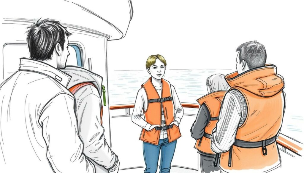 A hand-drawn pencil sketch of Greta Thunberg standing on the deck of a ship, engaged in conversation with a small group of people. The scene has a muted color palette with subtle pops of color, such as the green of Greta's signature braid or the orange life jackets worn by the participants. The lighting is soft and diffused, creating a contemplative mood. The background shows the distant horizon of the sea, hinting at the larger context of the Gaza-Fleet. The composition emphasizes Greta's central role, while the surrounding individuals suggest the collaborative nature of the event.