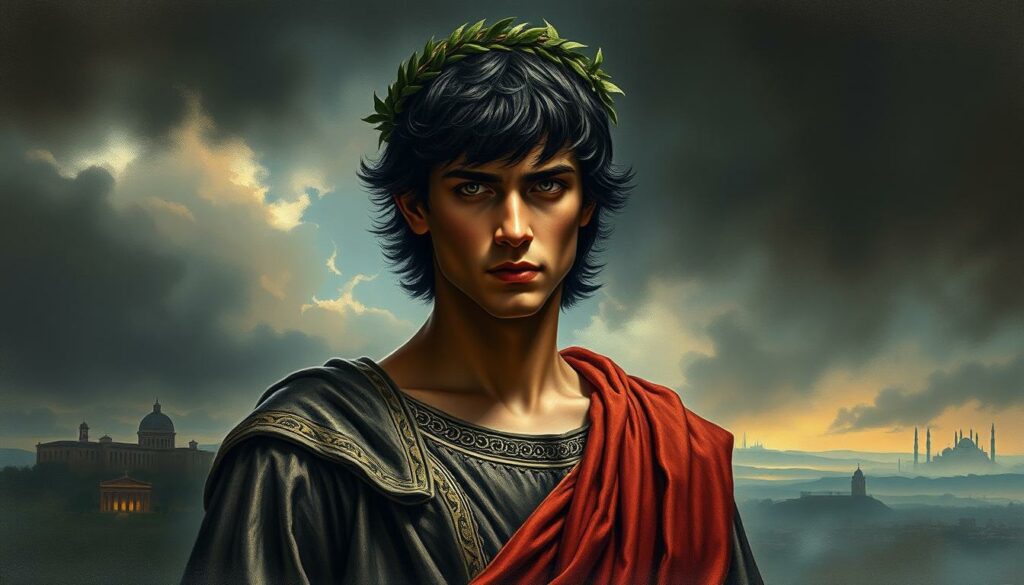 A handsome, dark-haired young man with intense eyes and a pensive expression stands in a dramatic, dimly lit scene. He wears a regal, embroidered robe and a laurel wreath, signifying his status as the Trojan prince Paris. The background is filled with hazy, painterly details - a distant city skyline, a cloudy sky with hints of warm light, and a sense of impending drama. The overall mood is one of melancholy and foreboding, reflecting Paris' tragic fate as the instigator of the Trojan War. The image is rendered in a moody, chiaroscuro style, with the subject standing out in bold contrast against the muted, atmospheric surroundings, with occasional pops of color to draw the eye.