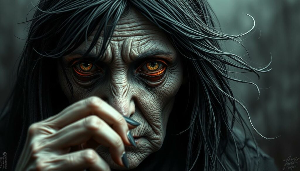 A haunting portrait of the legendary Slavic witch, Baba Jaga, rendered in a modern, digital medium. In the foreground, her weathered face and piercing gaze command attention, the sharp angles and shadows accentuating her otherworldly features. Wispy tendrils of her tousled, jet-black hair frame her face, hinting at her supernatural powers. Subtle pops of color, like the glint of her bony fingers or the shimmer of her eyes, draw the viewer in, creating a captivating contrast against the predominantly monochromatic palette. The background blurs into an abstract, dreamlike realm, suggesting the mystic and enigmatic nature of this iconic figure. Precise, flowing lines and a palpable sense of atmosphere convey the timeless essence of Baba Jaga, bridging the gap between ancient folklore and contemporary artistic expression.