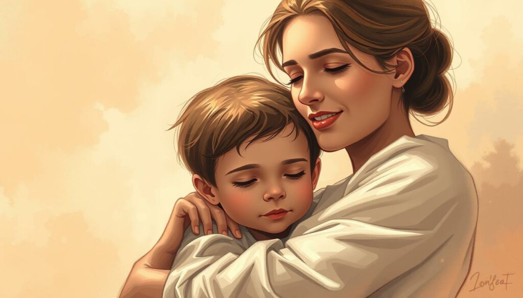 A heartfelt depiction of a mother's timeless love for her child. A serene, softly lit scene shows a mother gently cradling her young son in her arms, their faces radiating an unbreakable bond. Warm, muted tones create an intimate, emotive atmosphere, while delicate brushstrokes and a dreamlike haze suggest the profound, transcendent nature of this mother-child relationship. The mother's expression is one of pure, unconditional love, her eyes filled with tenderness as she gazes adoringly at her son. A timeless, cherished moment that captures the depth and enduring power of a mother's love.